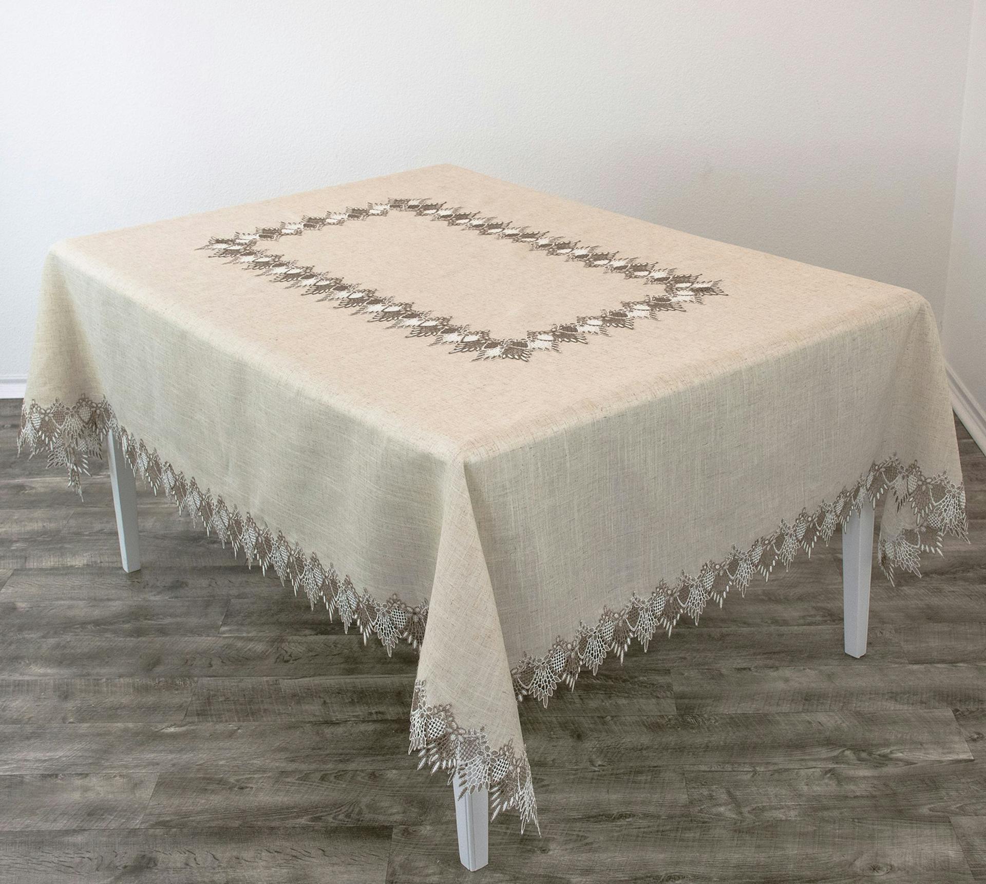 Neutral Earth Tone Beige Lace Tablecloth (70" x 90")