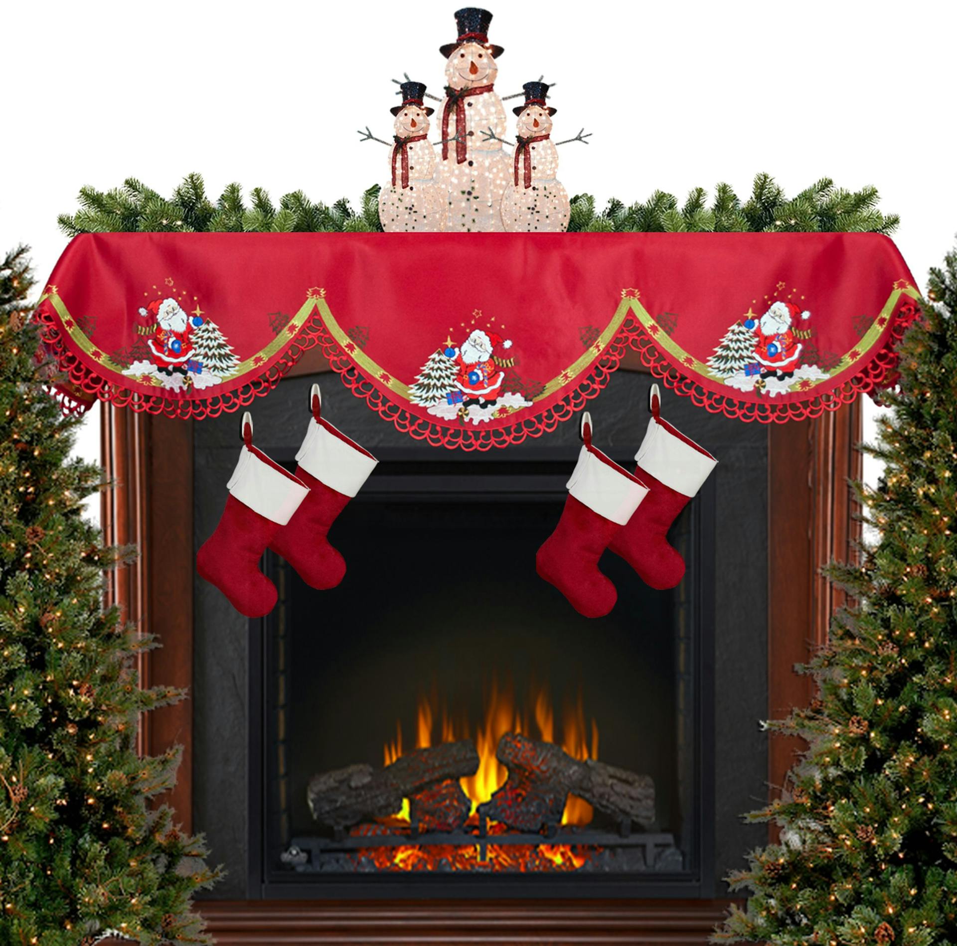 Santa Claus and Christmas Trees on Red Mantel Scarf (19" x 90")