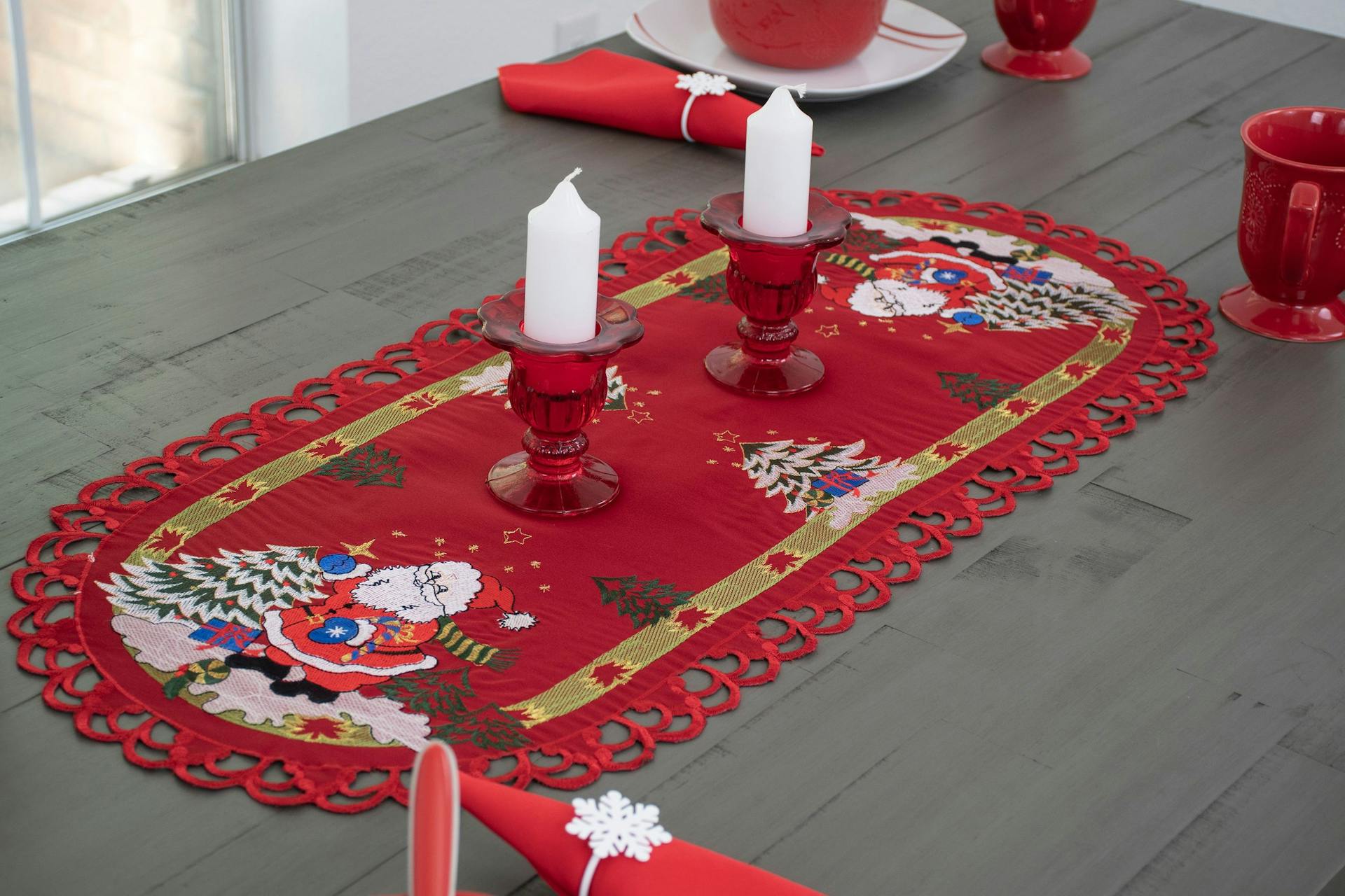 Santa Claus and Christmas Trees on Red Table Runner (16" x 35"/53")
