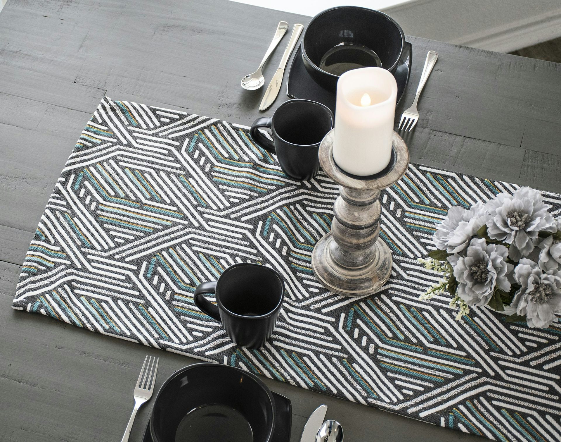 Weave Pattern Teal and Gray Table Runner (34,53,90")