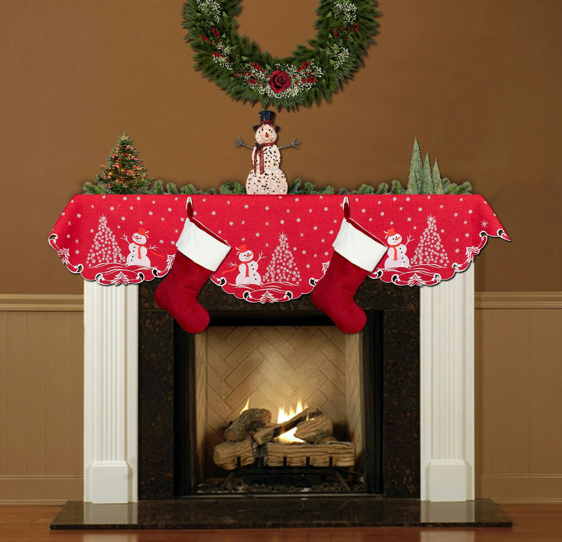 Snowman with Snowflake Trees Fireplace Mantle Scarf (19" x 88")