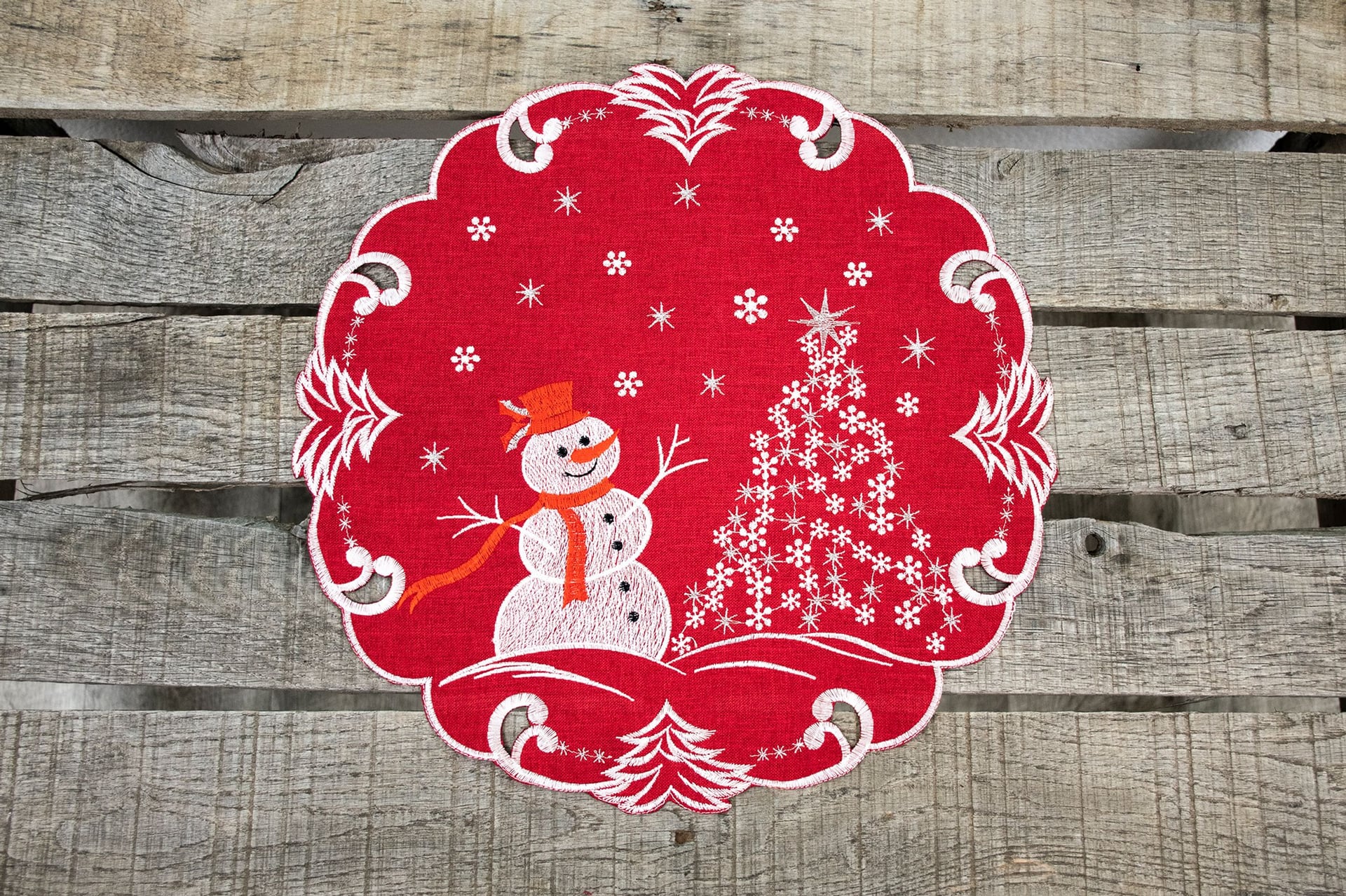 White Snowman on Red Round Doily (15" Round)